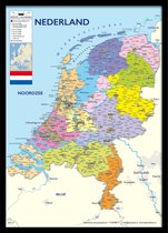 Nederland kaart poster A3 formaat - 30 x 42 cm - ingelijst in  mooie  houten zwarte lijst - multi - wanddecoratie