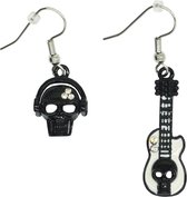 Zac's Alter Ego Oorbellen Skull with Headphones & Diamante Stone Guitar with Skull Zilverkleurig