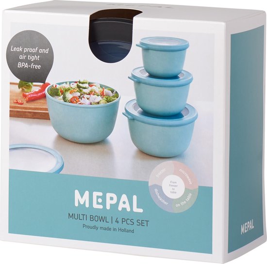 Verpakking van een Mepal Multi Bowl 4-delige set in lichtblauw. De afbeelding toont een kom met salade.