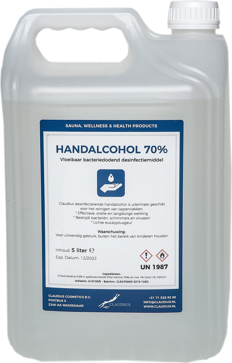 Hand Alcohol Desinfectiespray 70% Gedenatureerd met IPA, MEK en Bitrex 5 liter / 5000 ml - Claudius Cosmetics B.V.