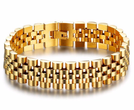 Jubilee Stijl Heren Armband - Horlogeband Stijl - Goud kleurig - Staal - 15mm - Schakelarmband - Armbanden - Cadeau voor Man - Mannen Cadeautjes