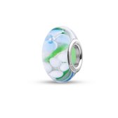 Quiges Glazen Kraal Bedel - Licht Groen met Witte en Blauwe Bloemen - NG680
