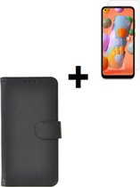 Geschikt voor Samsung Galaxy A11 hoes Effen Wallet Bookcase Hoesje Cover Zwart + Tempered Gehard Glas / Glazen screenprotector Pearlycase