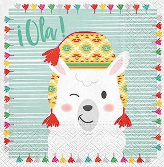 40 Servetten - Premium Collection by Jean - Lama - Wit/roze/blauw/groen/geel - Lunch afmeting: 33 x 33 cm - 3-laags