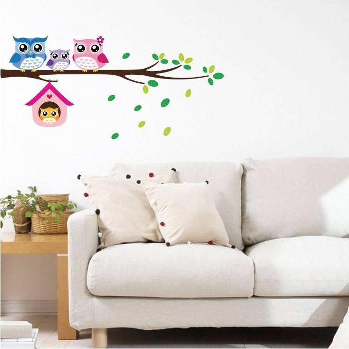 Muursticker4sale Kinderkamer muursticker Uilen op tak met vogelhuisje