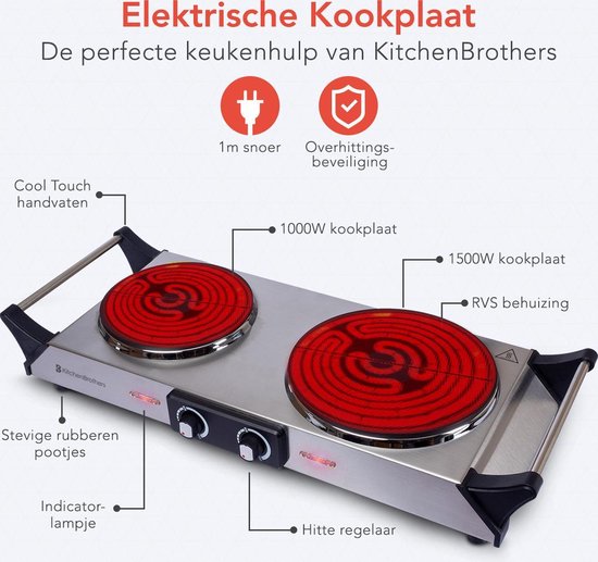 KitchenBrothers Elektrische Kookplaat - 2 Pits - 2500W - RVS - KitchenBrothers