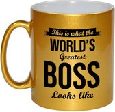 This is what the worlds greatest boss looks like cadeau koffiemok / theebeker 330 ml - goudkleurig - verjaardag / bedankje - tekst mokken
