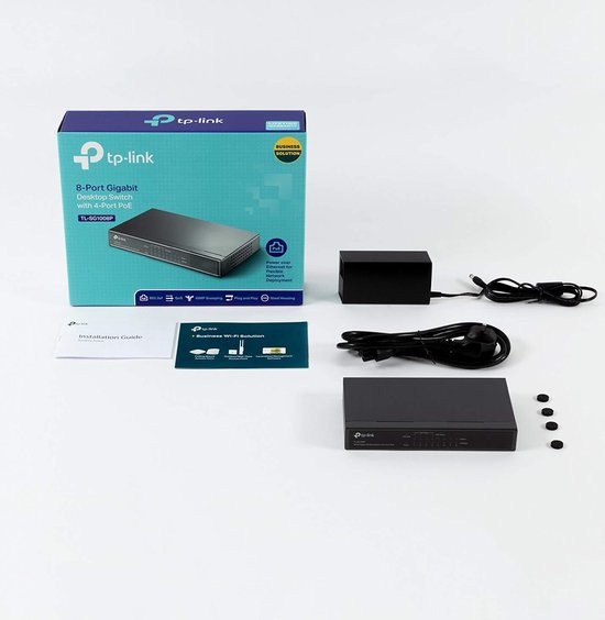 Inhoud van de verpakking van de TP-Link TL-SG1008P 8-poorts Gigabit desktop switch met 4-PoE.