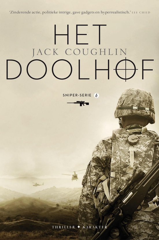 Boekcover met soldaat in camouflagekleding en sniper, met helikopters op de achtergrond. Titel: Het Doolhof.
