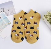 Enkelsokken met kattenkopjes kleur geel Unisex Sokken - kat- kattensokken maat 36-41