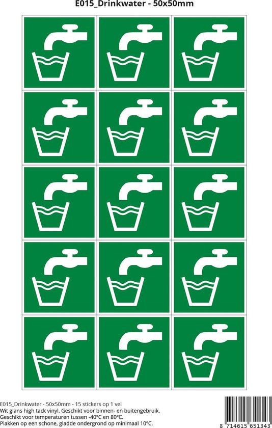 Pictogram sticker E015 Drinkwater - 50x50mm 15 stickers op 1 vel