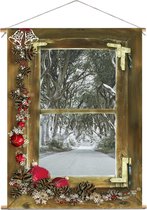 Kerst Doek - 90x120 Cm - Doorkijk Houten Raam - Bomenlaan - Textiel Poster - Decoratie - Winter Poster - Kerst Decoratie - Natures Gift - Kerstversiering