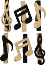 6x Bruiloftdecoratie mini  knijpertjes muzieknotenvan hout 5 cm - Muzieknoten knijpers - Decoratie materiaal