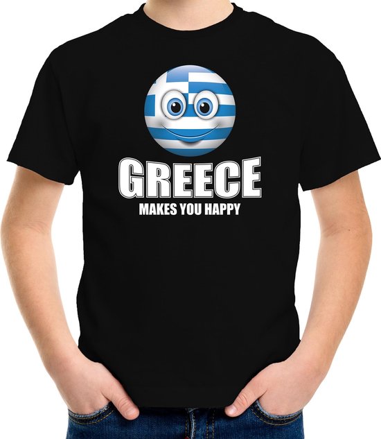 Greece makes you happy landen t-shirt Griekenland met emoticon - zwart - kinderen - Griekenland landen shirt met Griekse vlag - EK / WK / Olympische spelen outfit / kleding 158/164
