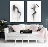 Allernieuwste 2-Delig Canvas Schilderij Sexy Silhouet Naakte Vrouw - Modern - Poster - Set 2x 50 x 70 cm - Zwart Wit