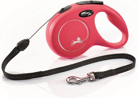 Rode Flexi Classic riem met zwart reflecterend koord.