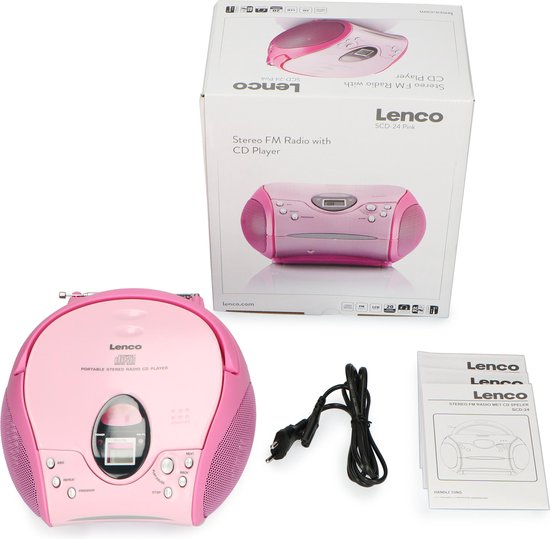 Roze Lenco radio CD-speler, stroomkabel en handleiding naast de doos.