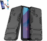 Huawei Honor 9A Kickstand Shockproof Zwart Cover Case Hoesje - 1 x Tempered Glass Screenprotector A3TBL