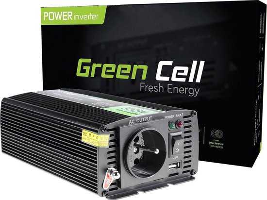 GREEN CELL 12V| Voltage Auto Omvormer 12V naar 220V/230V, 300W(continu) zuivere sinus golf - GREEN CELL