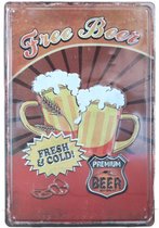 Wandbord – Mancave – Free Beer – Gratis Bier - Vintage - Retro -  Wanddecoratie – Reclame bord – Restaurant – Kroeg - Bar – Cafe - Horeca – Metal Sign - Bier - 20x30cm