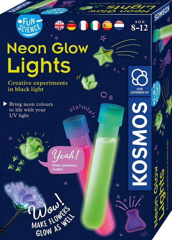 KOSMOS Neon Glow Lights - Experimente met UV-Licht - Maak Neonverf, Gipsfiguren en Lichtgevende Kunstwerken - Inclusief UV-Lamp - Creatieve STEM Experimenteerset - Vanaf 8 Jaar