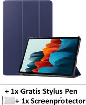Smart Cover Book Case Hoes Geschikt Voor Samsung Galaxy Tab S7 11.0 Inch - Tri-Fold Multi-Stand Flip Sleeve - Front & Back Beschermhoes Met Screen Protector & Stylus Pen - Donker B