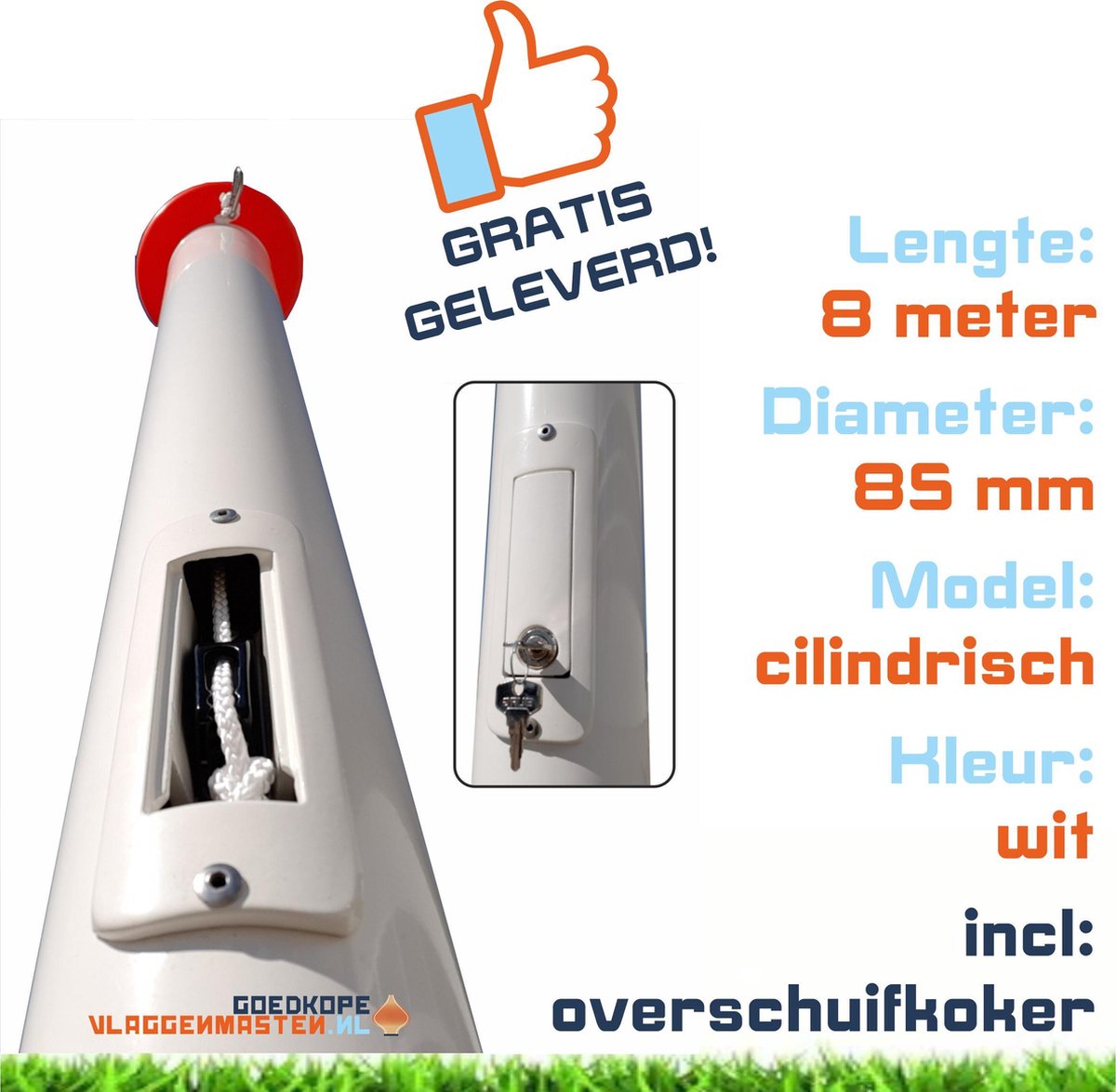 Vlaggenmast wit, 8 meter, diameter 85 mm. Aluminium clilindrisch, wit gecoat incl. anti-diefstal systeem met cilinderslot, oranje knop en contra-gewicht, en overschuifkoker. Type BASIC SAFE 8508W2B - goedkope-vlaggenmasten.nl