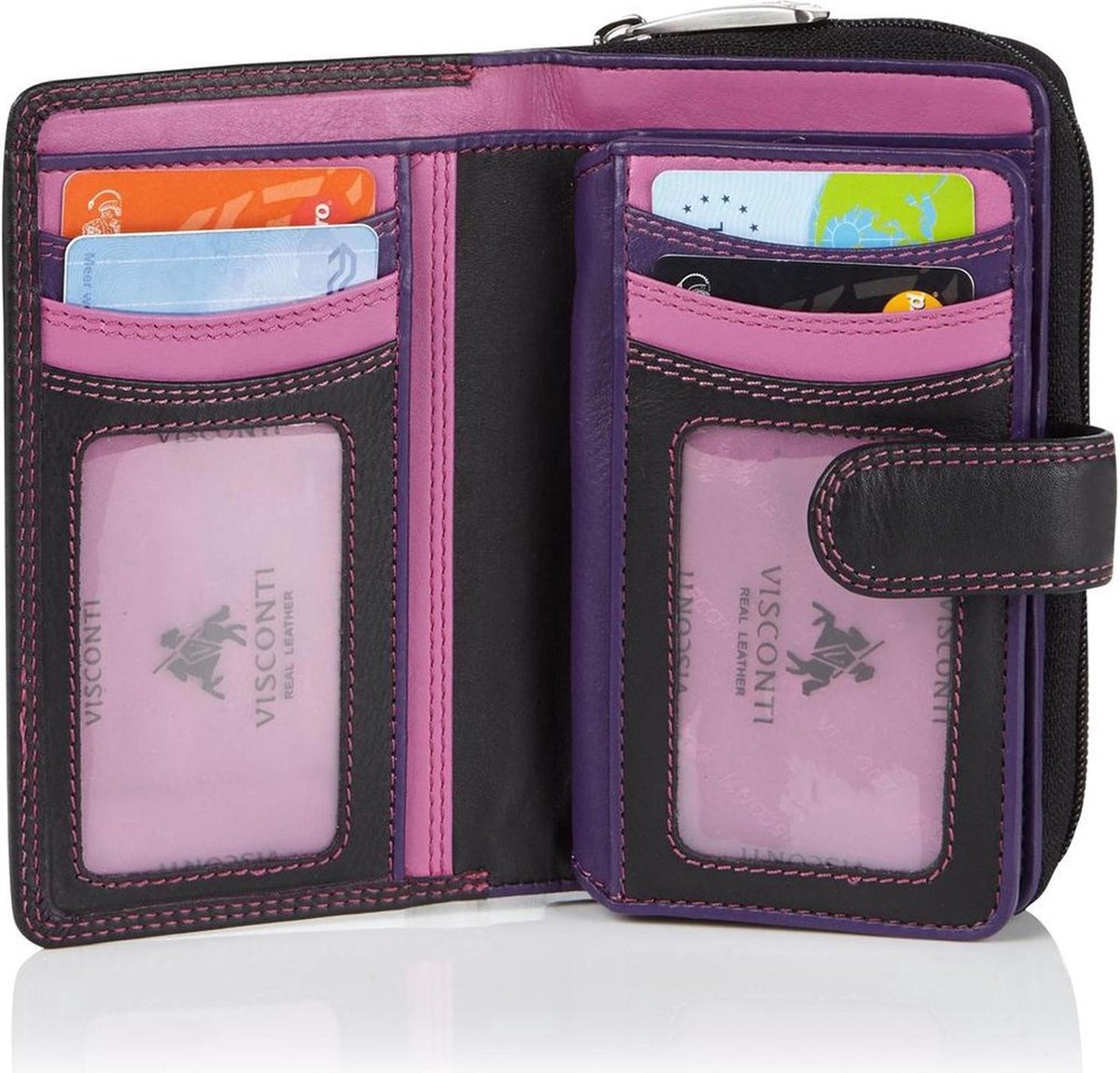 Visconti Leren Portemonnee - Rio Collectie - RFID - 18 Pasjes - Leer - Zwart/Roze (R13 BY)