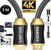 MIFOR® HDMI 3 METER Kabel 2.0 -Ultra HD 4K -24 KARAAT GOLD PLATED- 3 METER-USB kabel 2.0 -Tot 240 HZ -18 GBps-Vergulde Connectoren-High Speed -Full HD Beeldkwaliteit-Male to Male-U