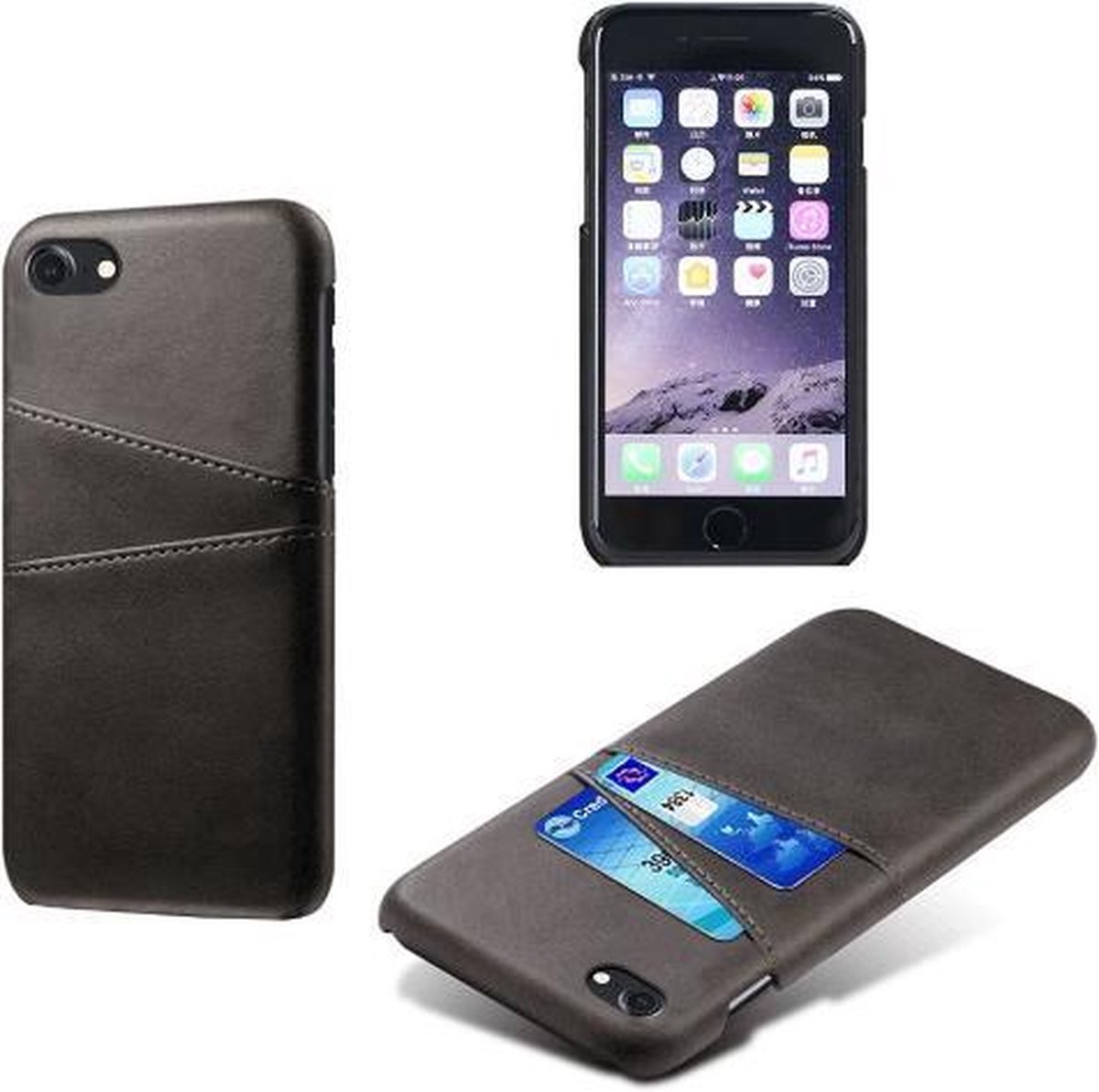 Back Cover met Opbergvakjes + Gehard Glas Screenprotector voor iPhone 8 _ Zwart