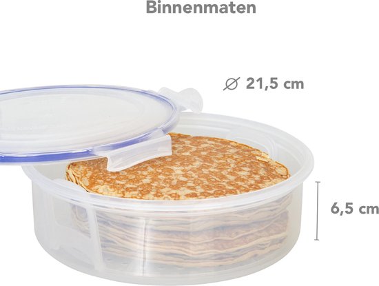 Pile de crêpes dans une boîte de conservation ronde et transparente avec couvercle bleu, 21,5 cm de large.