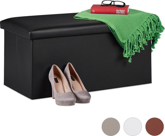 banc de rangement relaxdays - banc d'entrée avec espace de rangement - cuir artificiel - pliable - pouf - banc noir