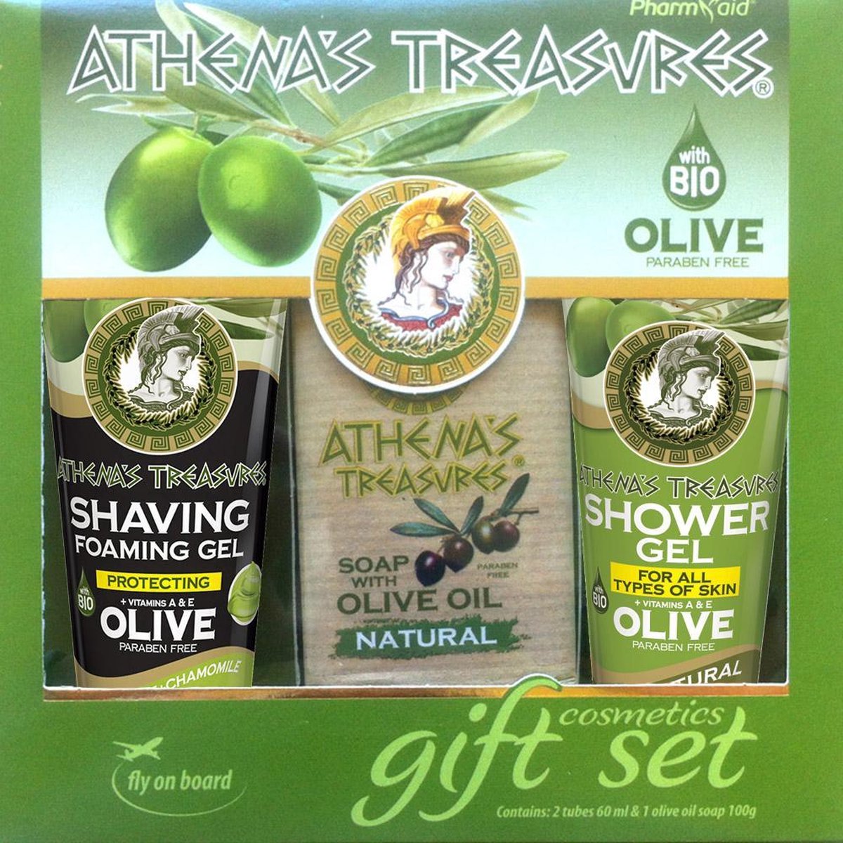 Goedkoopste Pharmaid Athenas Treasures Cadeauset 72 |Shaving Gel|Shower Naturel & Olijfolie zeep 100gr | Giftset Skincare