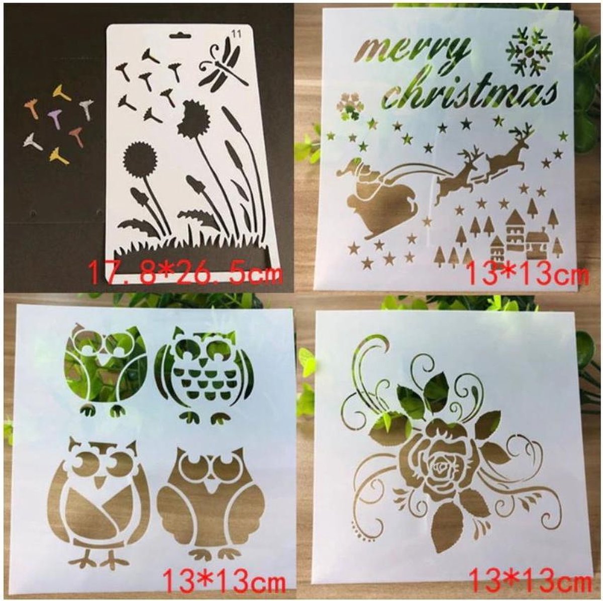 Bullet Journal Plastic Stencils - 4 stuks - Paardenbloem - Uilen - Hart - Kerst - Templates - Sjablonen - 17,8 x 26,5 cm & 3x 13 x 13 cm - Handlettering toolkit - Knutselen - Decoratie - Accessoires - kerst - christmas