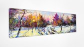 Zonsondergang in het bos van de winter 90x30 cm, Panoramisch Kunst schilderij, Canvas 100% katoen uitgerekt op het frame van hoge kwaliteit, muurhanger geïnstalleerd, Wanddecoratie.