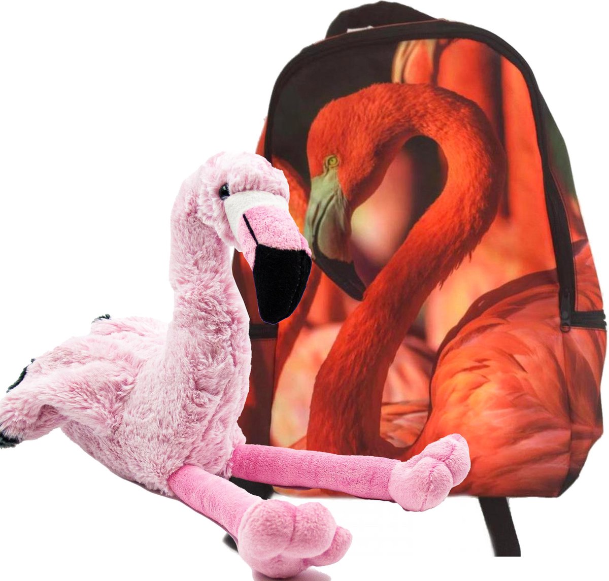 Rugtas flamingo, grote flamingo knuffel pluche set, 35 cm, rugzak school, rugzak flamingo