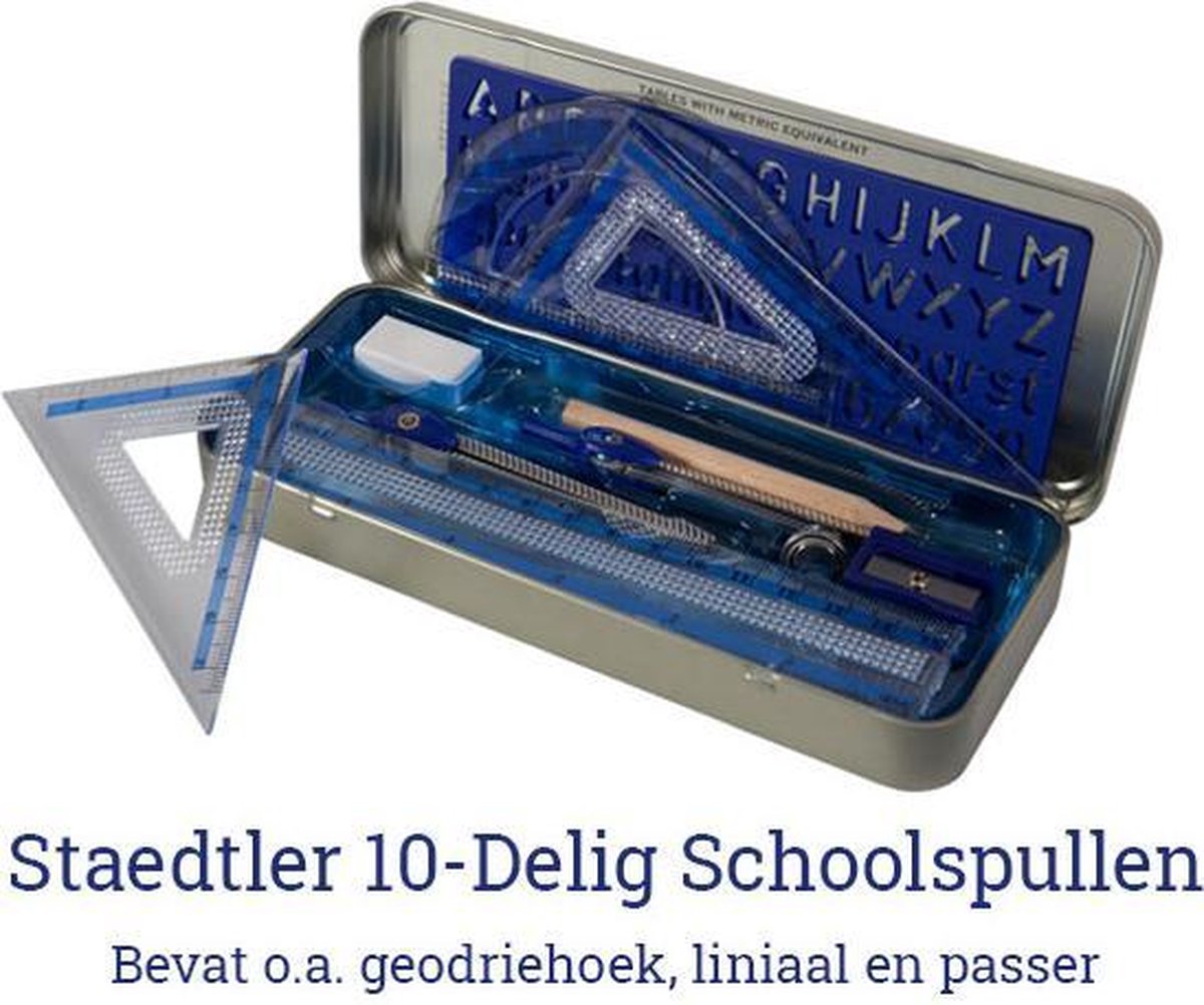 documentaire engel taal Staedtler 10-delig Schoolspullen - 2x Passer - Geodriehoek - Gradenboog -  Liniaal -... | bol.com
