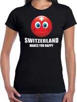 Switzerland makes you happy landen t-shirt Zwitserland zwart voor dames met emoticon XS