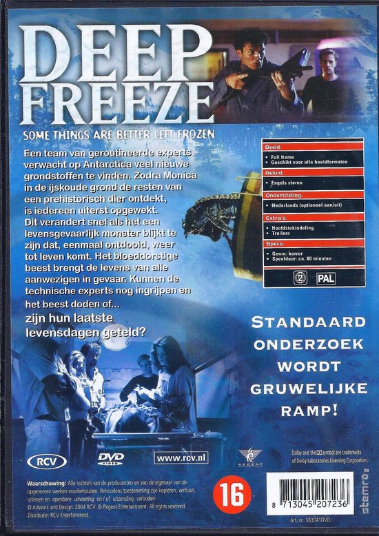 Hoes met filmtitel DEEP FREEZE. Diverse mensen, een monster en filminformatie.