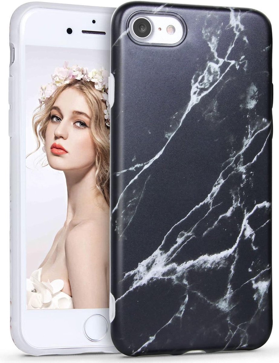 Geschikt voor Apple iPhone 7 - iPhone 8 Backcover - Zwart - Marmer - Soft TPU hoesje