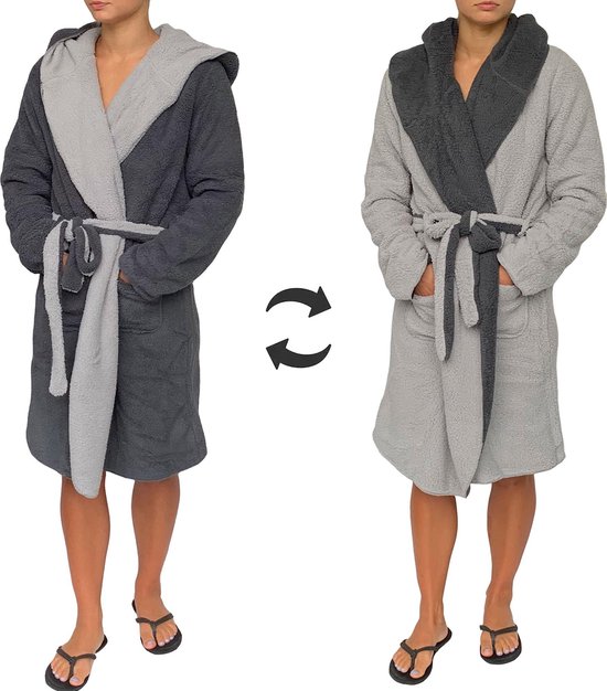 Sorprese - luxe badjas - lichtgrijs en donkergrijs effen - dubbelzijdig - capuchon - extra zachte badstof - micro fleece - maat L/XL
