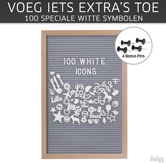 Gadgy Letter board gris feutre - 30x45cm - 170 blanc, 170 or brillant, 170 lettres argent brillant etc. - 100 icônes blanches - 4 punaises - lettres de sac de rangement etc.