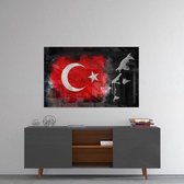 Glasschilderij - Silhouet  van Ataturk Bij  Turkse Vlag - 110x70 cm , 4 mm