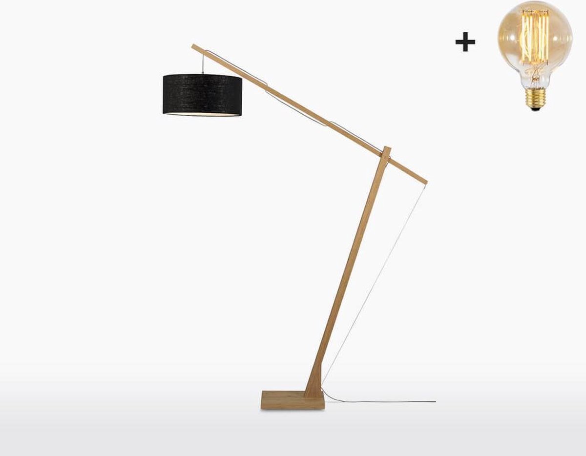 Vloerlamp - MONTBLANC - Bamboe Voetstuk (h. 220 cm) - Zwart Linnen - Met LED-lamp