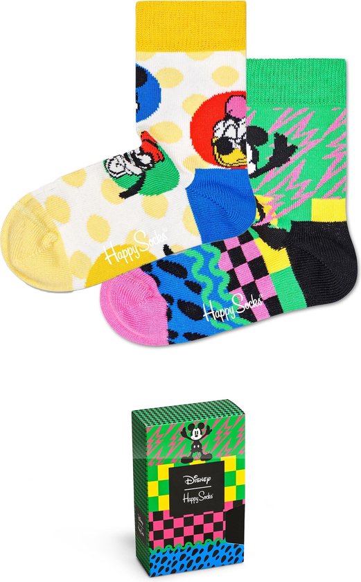 Happy Socks giftbox met Mickey Mouse thema: groene ruiten, roze bliksem, gele cirkels en Mickey Mouse motieven.