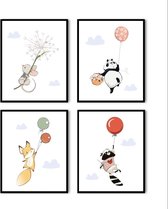 Postercity - Design Canvas Poster Set Panda Muisje Vos  en Wasbeer met Ballonnen / Kinderkamer / Dieren Poster / Babykamer - Kinderposter / Babyshower Cadeau / Muurdecoratie / 80 x 60cm