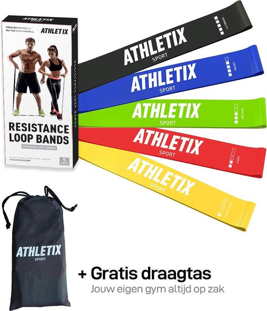 Athletix® - Weerstandsbanden Set van 5 - Met Gratis Draagtas en Oefeningen - Athletix®
