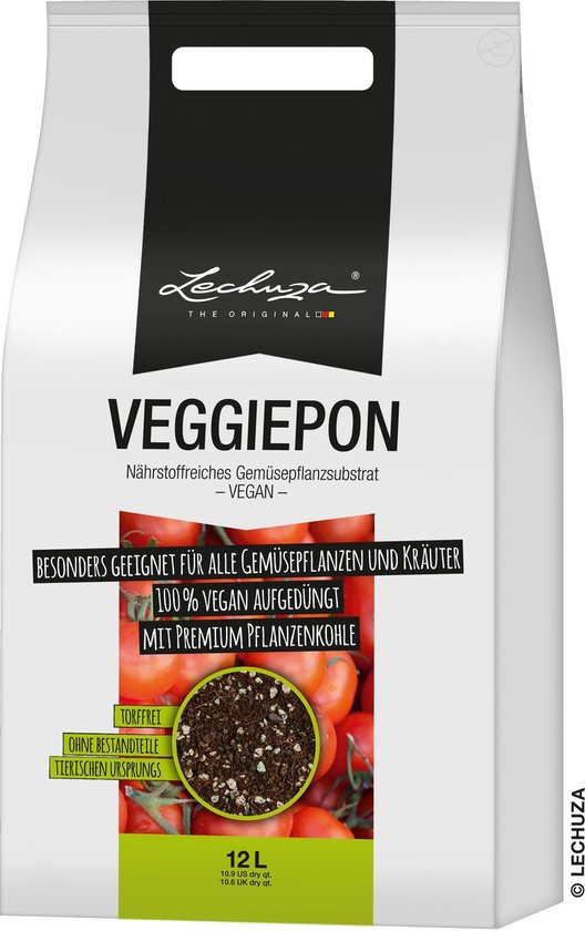 Lechuza Veggiepon, 12L zak voedingsrijk veganistisch en turfvrij plantensubstraat voor groenten en kruiden, met premium plantenkool.