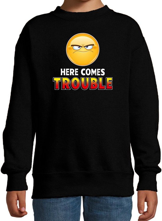 Funny emoticon sweater Here comes trouble zwart voor kids - Fun / cadeau trui 170/176