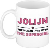 Naam cadeau Jolijn - The woman, The myth the supergirl koffie mok / beker 300 ml - naam/namen mokken - Cadeau voor o.a verjaardag/ moederdag/ pensioen/ geslaagd/ bedankt